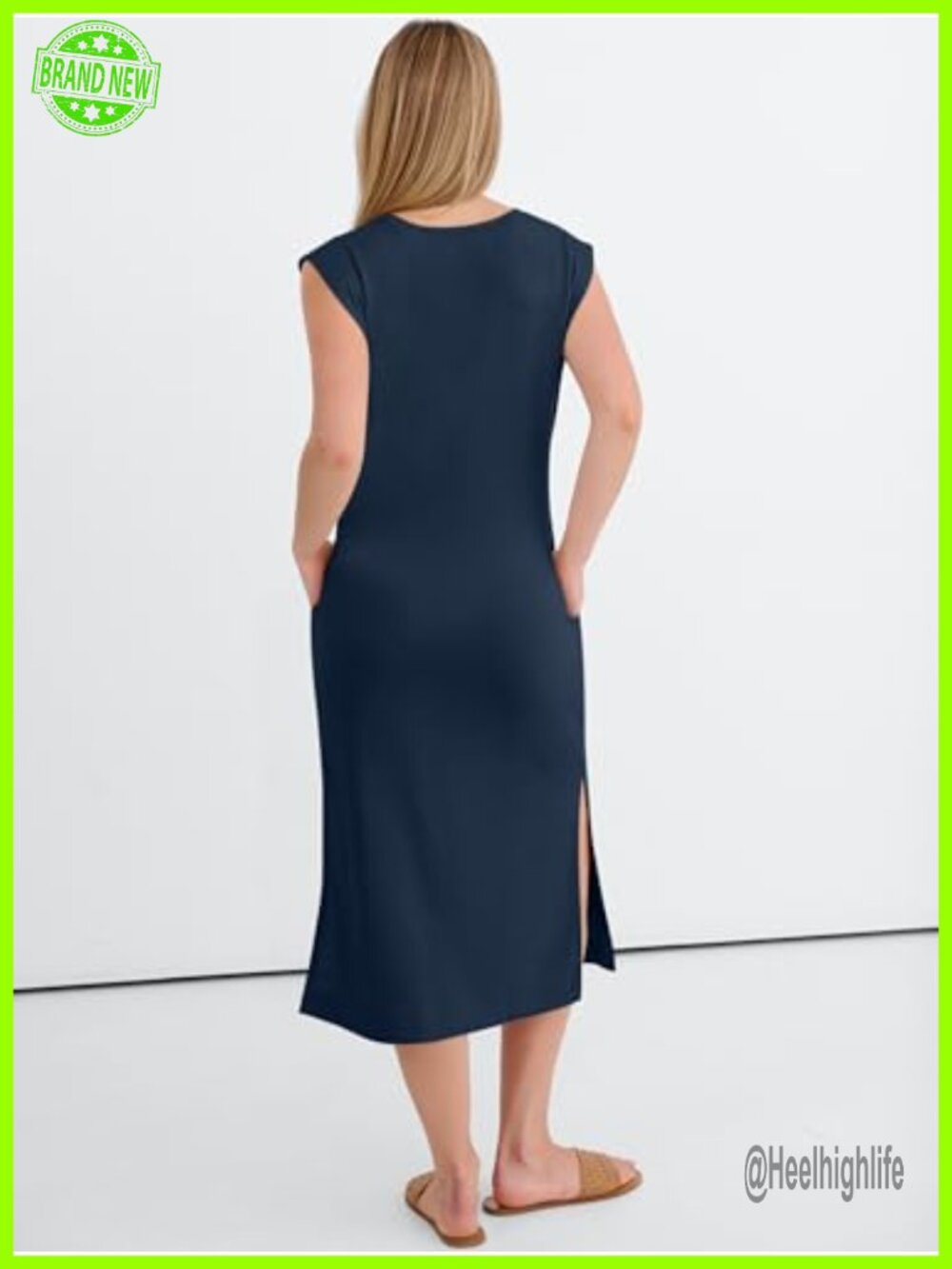 Sleeveless Crewneck Midi Dress Side Pockets Wrinkle-Free Beach Travel - Picture 5 of 7